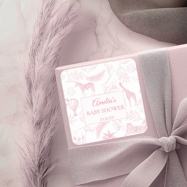 Adesivo Quadrado Blush Pink Safari Jungle Animals Baby Shower  (Criador carregado)