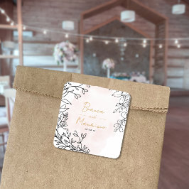 Adesivo Quadrado Blush Watercolor with Elegant Black Leaf Frame