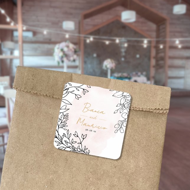 Adesivo Quadrado Blush Watercolor with Elegant Black Leaf Frame (Blush Watercolor with Elegant Black Leaf Frame Square Sticker)