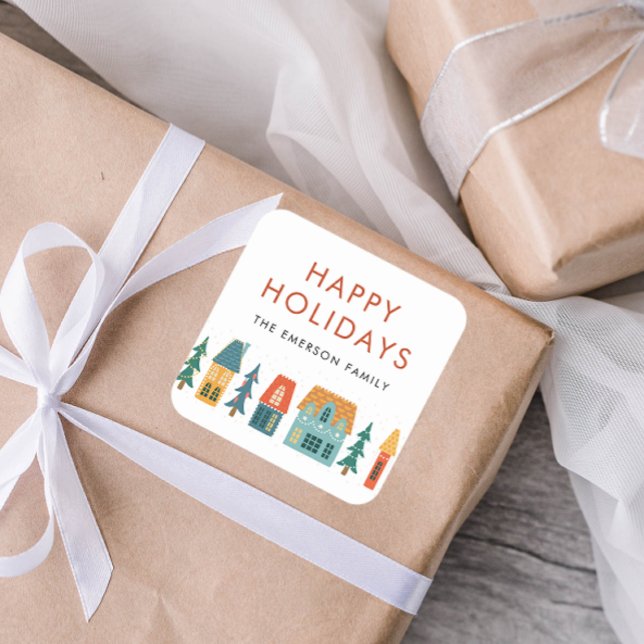 Adesivo Quadrado Boas Festas de Inverno (Happy Holidays Retro Chic Houses Square Envelope Seal Gift Sticker by Painted Paperie)
