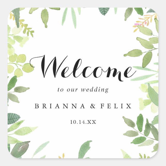 Adesivo Quadrado Boas-vindas a Greenery Botanical Foliage Wedding (Frente)