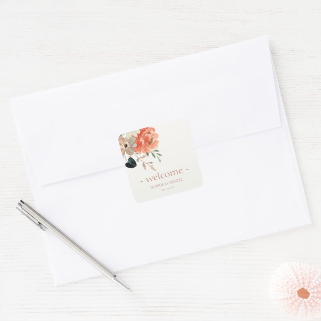 Adesivo Quadrado Boas-vindas ao Casal de Aquarela Floral Elegante (Envelope)