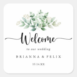 Adesivo Quadrado Boas-vindas ao Casamento Eucalyptus Verde Minimali