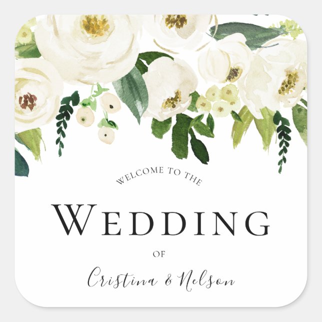 Adesivo Quadrado Boas-vindas Flores Brancas de Champanhe (Frente)