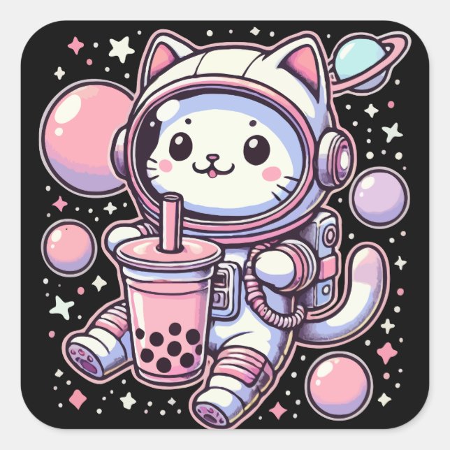 Adesivo Quadrado Boba Chá De Gato Em Astronauta Espacial Anime (Frente)