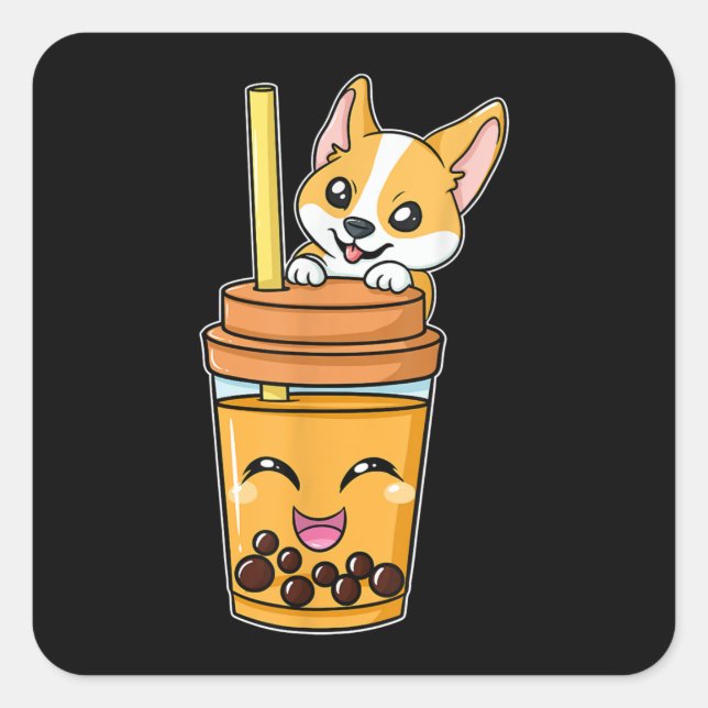 Adesivo Quadrado Boba Tapioca Pérolas Bolhas Leite Tea Beber Corgi (Frente)