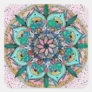 Adesivo Quadrado Bohemian Colorful Watercolor Floral Mandala