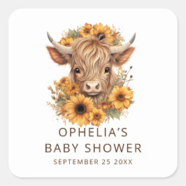 Adesivo Quadrado Bohemian Highland Cow Sunflowers Baby Shower