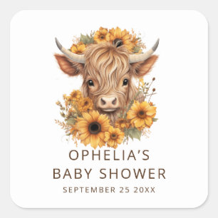 Adesivo Quadrado Bohemian Highland Cow Sunflowers Baby Shower
