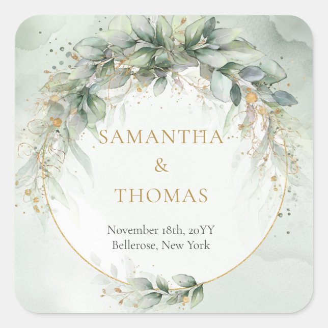 Adesivo Quadrado Boho aquoso eucalipto com estrutura dourada (Frente)