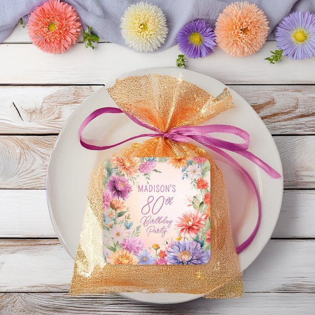 Adesivo Quadrado Boho Aster Flowers Floral 80th Birthday Party (Boho Aster Flowers Floral 80th Birthday Party Square Stickers - Favors | Envelope Seals)