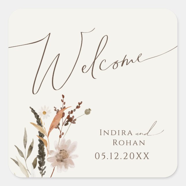 Adesivo Quadrado Boho Autumn Wildflower | Boige Wedding Welcome (Frente)