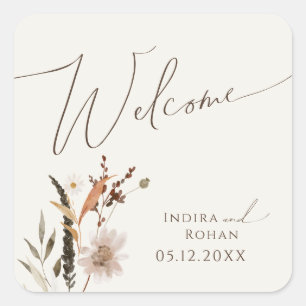 Adesivo Quadrado Boho Autumn Wildflower   Boige Wedding Welcome