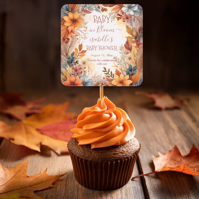 Adesivo Quadrado Boho Baby in Bloom Fall Floral Frame Baby Shower (Boho Baby in Bloom Fall | Autumn Floral Frame Baby Shower Square Sticker)