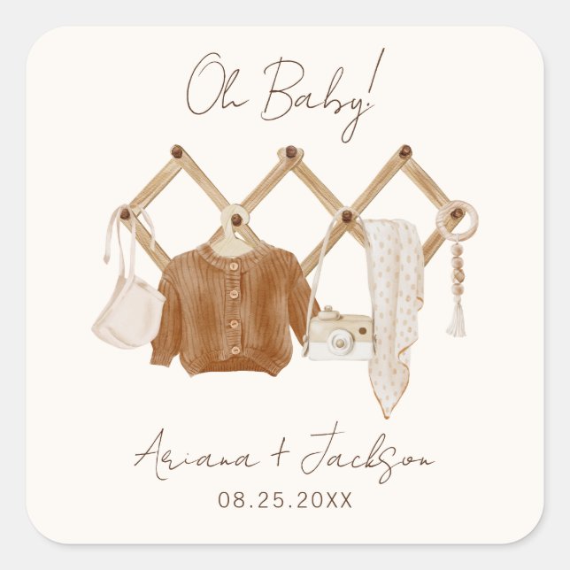 Adesivo Quadrado Boho Baby Neutral Chá Convite (Frente)