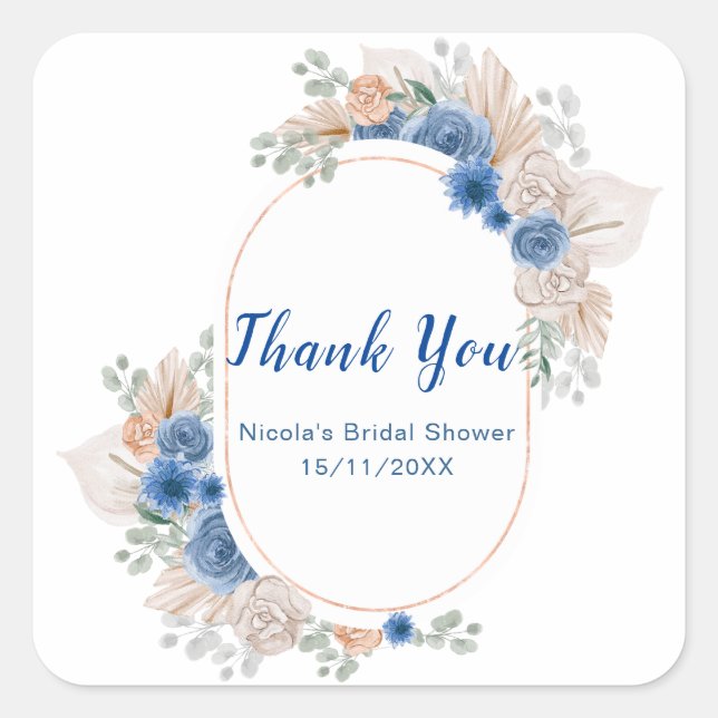 Adesivo Quadrado Boho Blue Pampas Grass Bridal Shower (Frente)