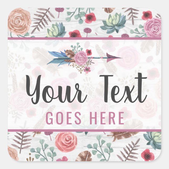 Adesivo Quadrado Boho Chic Rústico Flecha de Pena Boêmia Aquarela (Frente)