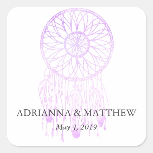 Adesivo Quadrado Boho Dreamcatcher Lavanda Casamento Tribal (Frente)