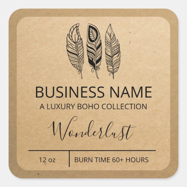 Adesivo Quadrado Boho Feather Design Kraft Paper Soy Candle Labels (Frente)