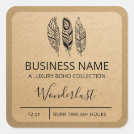 Adesivo Quadrado Boho Feather Design Kraft Paper Soy Candle Labels