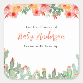 Adesivo Quadrado Boho Floral Cactus Baby Library Bookplate
