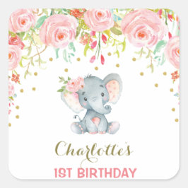 Adesivo Quadrado Boho Floral Elephant Birthday Favor Sticker Tag