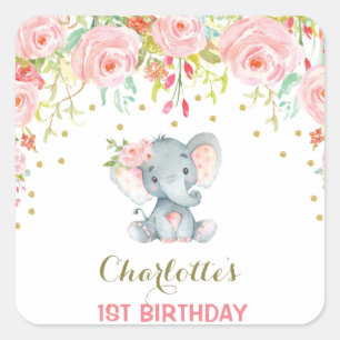 Adesivo Quadrado Boho Floral Elephant Birthday Favor Sticker Tag