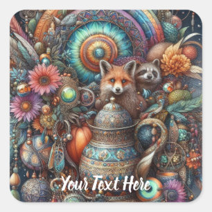 Adesivo Quadrado Boho Fox Raccoon Floral Design