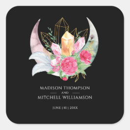 Adesivo Quadrado Boho Moon Crystals Penas Flores Rosa Casamento