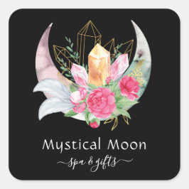 Adesivo Quadrado Boho Moon Crystals Penas Flores Rosa Esotéricas