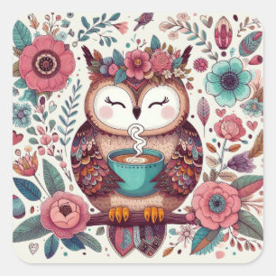 Adesivo Quadrado Boho Owl Encantado: Arte Floral Whimsical