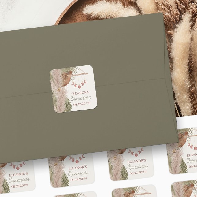 Adesivo Quadrado Boho Pampas Grass Cowgirl Hat Western Quinceanera (Stickers from my Western Boho Quinceanera Collection)