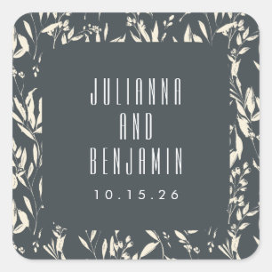 Adesivo Quadrado Boho Preto Desenho Floral Casamento Personalizado