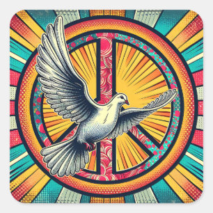 Adesivo Quadrado Boho Retro Dove and Peace Sign