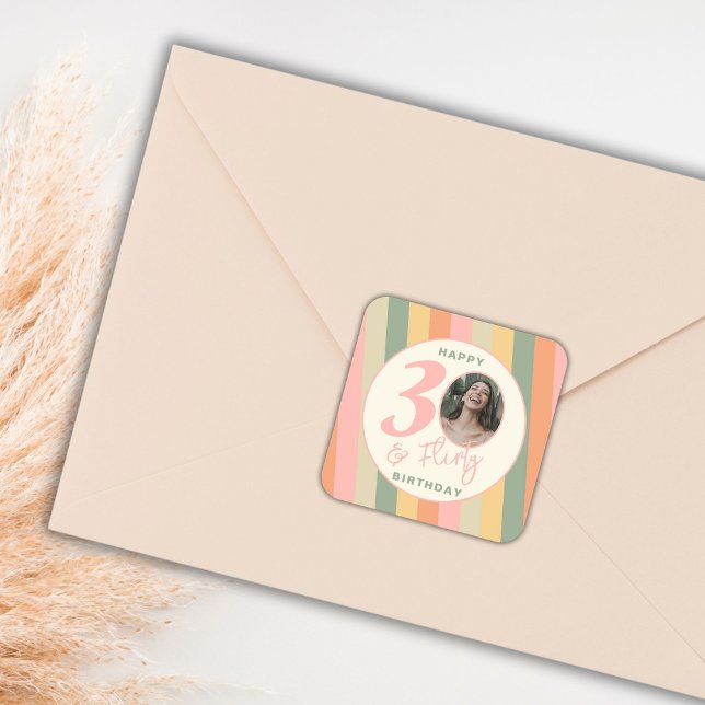 Adesivo Quadrado Boho rosa 30 e Festa de aniversário de fotos suave (Criador carregado)