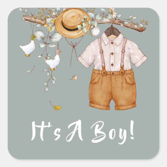 Adesivo Quadrado Boho Rustic Greenery Baby Boy (Frente)