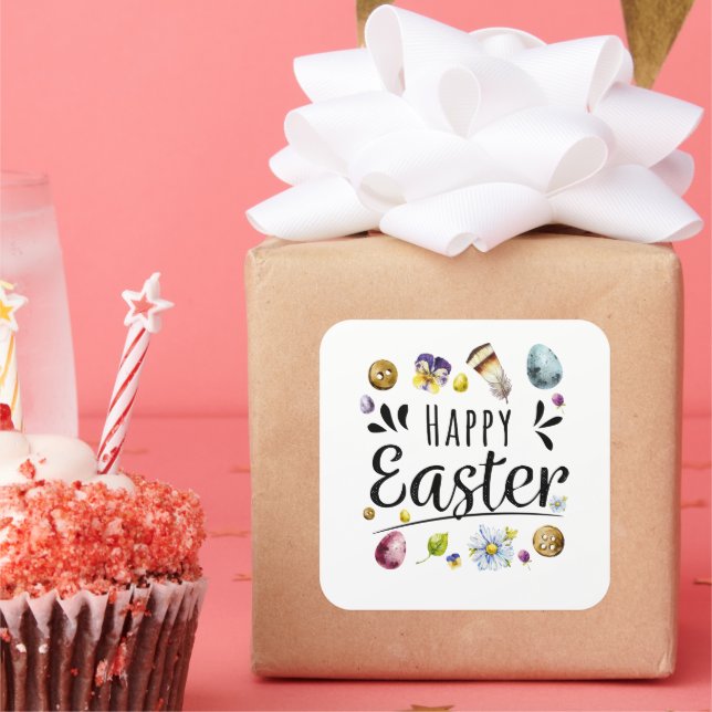 Adesivo Quadrado Boho Rustic Watercolor Felz pascoa Colorido (Festa)