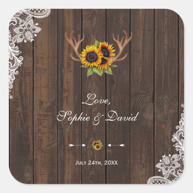 Adesivo Quadrado Boho Sunflower Antlers Wood Lace Casamento (Frente)