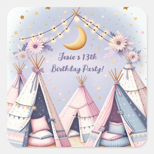Adesivo Quadrado Boho Teepee Girly Sleepover SlumbParty (Frente)