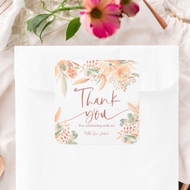 Adesivo Quadrado Boho Terracota Casamento Pintado à Mão Obrigado (Boho Terracotta Hand-Painted Bridal thank you Square Sticker)