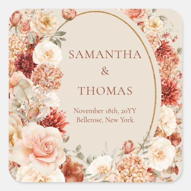 Adesivo Quadrado Boho terracotta burgundy autocolante floral de euc (Frente)