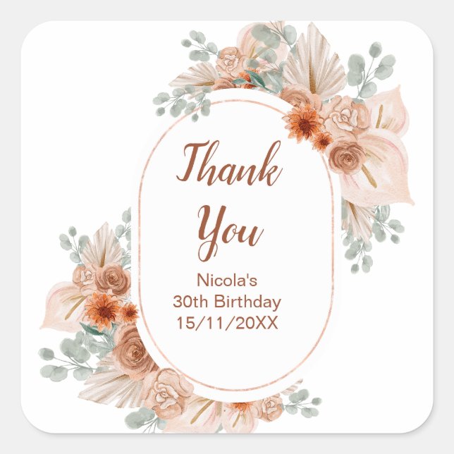 Adesivo Quadrado Boho Terracotta Pampas Grass Birthday (Frente)