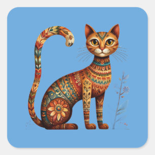 Adesivo Quadrado Boho Tribal Gato Arte Popular Fofa com Flores
