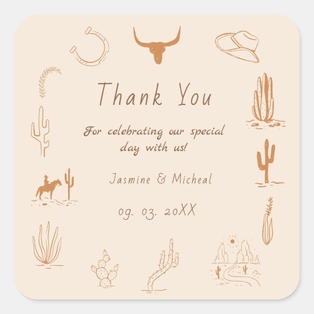 Adesivo Quadrado Boho Western Cowboy Ilustração Casamento (Frente)