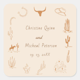 Adesivo Quadrado Boho Western Cowboy Ilustração Casamento