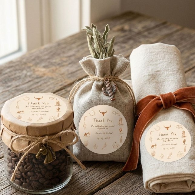 Adesivo Quadrado Boho Western Cowboy Ilustração Casamento (Criador carregado)