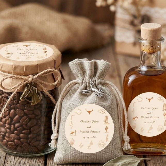 Adesivo Quadrado Boho Western Cowboy Ilustração Casamento (Criador carregado)