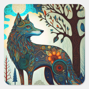 Adesivo Quadrado Boho Wolf Surreal Willife Art Square Sticker
