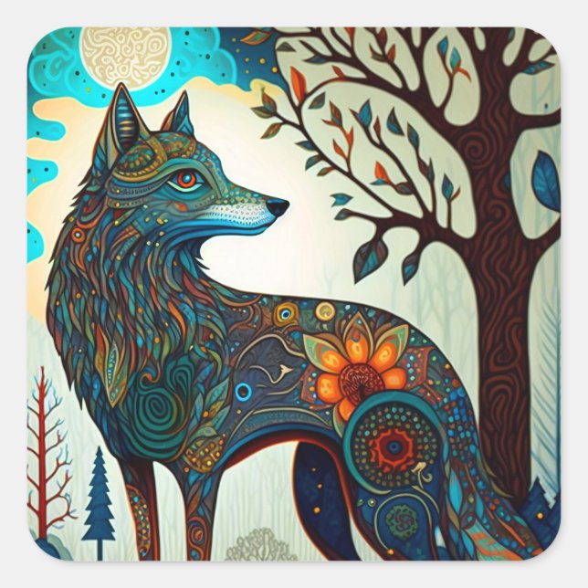 Adesivo Quadrado Boho Wolf Surreal Willife Art Square Sticker (Frente)