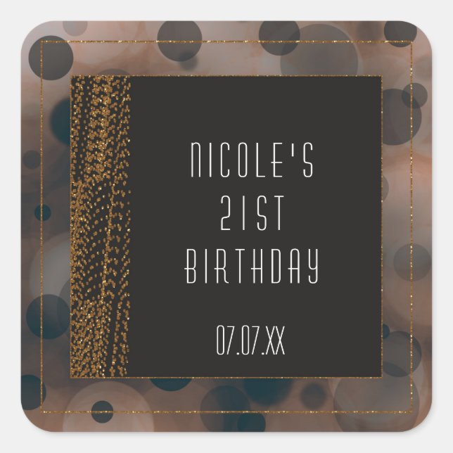 Adesivo Quadrado Bokeh Glam Brown Beige & Dourado Favor Stickers (Frente)